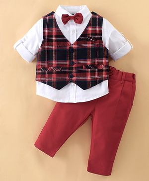 ToffyHouse Full Sleeves Checkered Party Suit with Bow Tie - Red