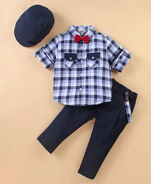 ToffyHouse Cotton Full Sleeves Checkered Party Shirt & Trouser Set with Bow Cap & Suspender - Navy Blue