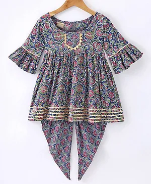 Ridokidz Three Fourth Bell Sleeves Floral Printed Kurta Styled Top With Dhoti Set - Navy Blue