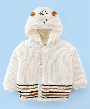 Babyhug Knitted Full Sleeves Hooded  Sweater With Teddy Applique - Offwhite