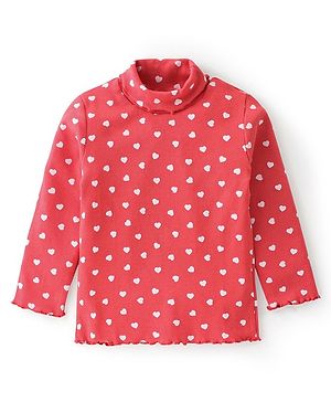 Babyhug 100% Cotton Knit Full Sleeves Skivi  T-Shirt Heart Print - Red