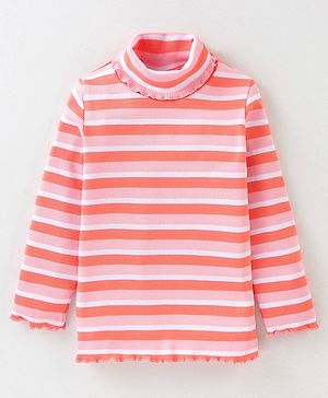 Babyhug 100% Cotton Rib Knit Full Sleeves Skivi T-Shirt with Stripes - Pink & Peach