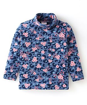 Babyhug Cotton Knit Full Sleeves Skivi T-Shirt with Floral Graphic Printed - Navy Blue
