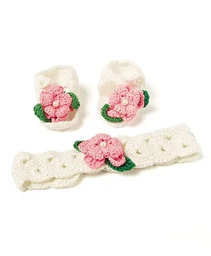 Funkrafts Crochet Designed Floral And Pearl Embellished Booties With Headband - White & Pink