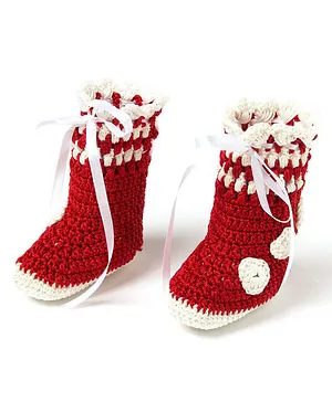 Funkrafts Colour Block Crochet Designed Booties - Red & White