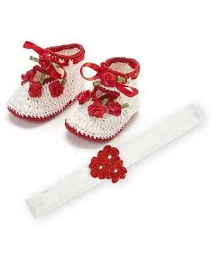Funkrafts Set Of 2 Crochet Baby Booties With Coordinating Headband - Red & White