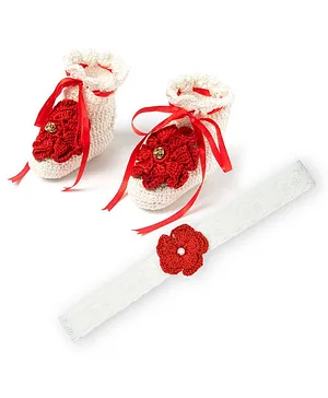 Funkrafts Set Of 2 Crochet Baby Booties With Coordinating Headband - Red & White