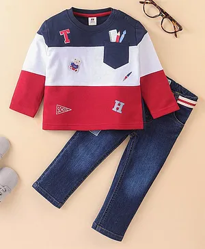 ToffyHouse Full Sleeves T-Shirt & Jeans With Text Print & Embroidery - Red & Blue