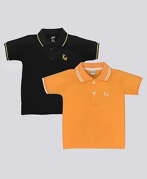 Kiwi 100% Cotton Pack Of 2 Half Sleeves Solid Polo Tee - Black & Golden