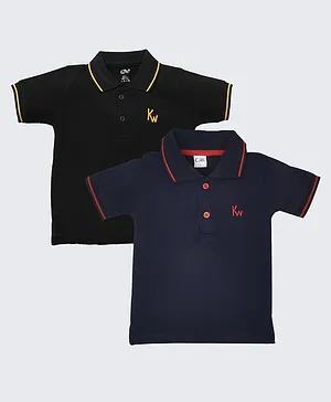Kiwi 100% Cotton Pack Of 2 Half Sleeves Solid Polo Tee - Black & Navy Blue