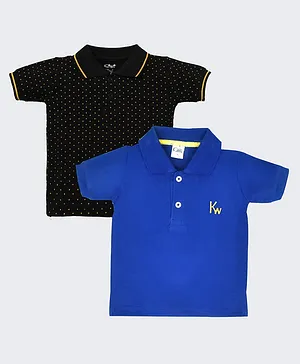 Kiwi 100% Cotton Pack Of 2 Half Sleeves Solid & Mini Polka Printed Polo Tee - Black & Royal Blue