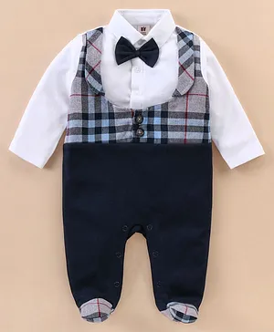 ToffyHouse Cotton Full Sleeves Checkered Party Wear Romper with Bow - Navy Blue