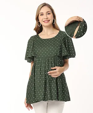 Bella Mama Viscose Woven Half Sleeves Maternity Top Polka Dot Print - Olive Green