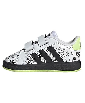 Adidas Kids Grand Court 2.0 CF Casual Shoes with Velcro Closure Doodle Art Print - White