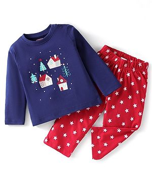Babyhug Cotton Knit Full Sleeves Christmas Theme Printed Night Suit - Navy & Red