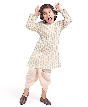 Babyhug 100% Cotton Knit Full Sleeve Kurta & Dhoti Set With Ikat Print - Offwhite