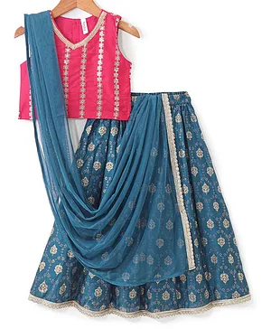 Babyhug Woven Sleeveless Embroidered Choli With Chanderi Foil Printed Lehenga And Dupatta - Teal & Pink