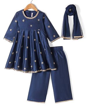 Babyhug Three Fourth Sleeves Floral Embroidered Anarkali Kurti Pant and Dupatta - Blue