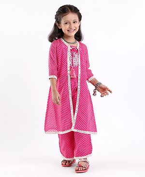 Babyhug Half Sleeves Embroidered Jacket with Bandhani Printed Top and Palazzo  Set - Fuchsia