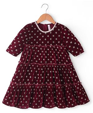 Babyhug Woven Threefourth Sleeve Ethnic Dress With Velvet Foil Print - Maroon
