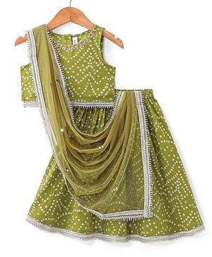 Babyhug Cotton Woven Sleeveless Choli and Lehenga Set with Lace Border Dupatta Bandhani Print - Green