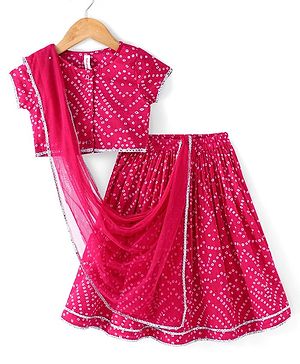 Babyhug 100% Cotton Woven Short Sleeve Bandhani Printed Lehenga Choli and Dupatta - Fuschia