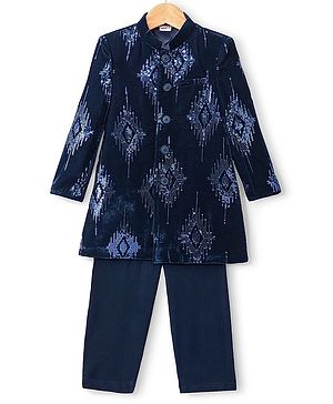 Babyhug Velvet Full Sleeves Embroidered Sherwani Kurta Pyjama Set  - Teal Blue
