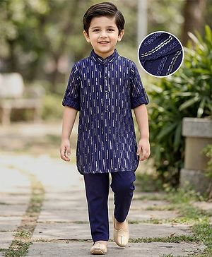 Babyhug Full Sleeves Sequenced Pathani Kurta Pyjama Set - Navy Blue