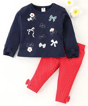 ToffyHouse Cotton Full Sleeves Top & Leggings Set Floral Print - Red & Blue