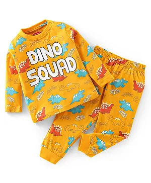 Babyhug Cotton Knit Full Sleeves Night Suit With Dino & Text Print - Yellow