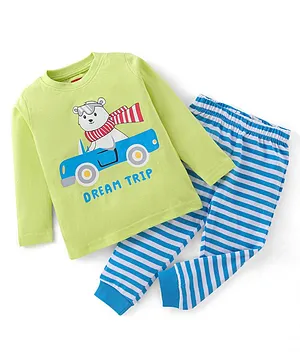 Babyhug Cotton Single Jersey Knit Full Sleeves Night Suit Stripes & Bear Print - Green & Blue