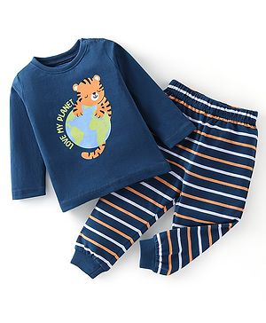 Babyhug Cotton Knit Full Sleeves Tiger Printed & Striped Night Suit - Navy Blue