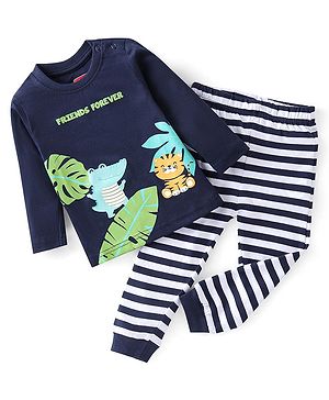 Babyhug Cotton Knit Full Sleeves Night Suit Crocodile Printed - Navy Blue