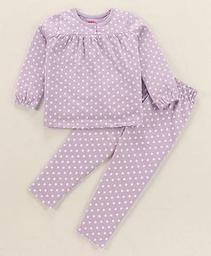 Babyhug Cotton Single Jersey Knit Full Sleeves Night Suit Polka Dot Print - Lavender