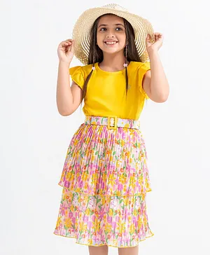 Ollington St. Half Sleeves Top with Floral Print Georgette Pleated Skirt - Yellow & Multicolor