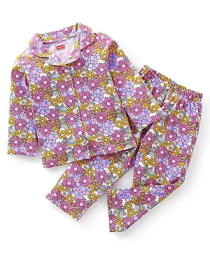 Babyhug Cotton Knit Full Sleeves Floral Print Night Suit - Multicolour