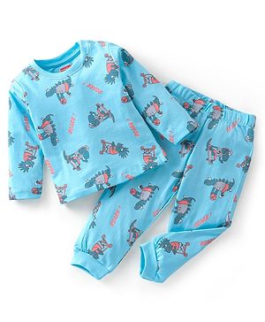 Babyhug Cotton Knit Full Sleeves Nightwear Pajama Set Dino Print - Blue