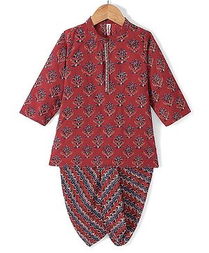 Babyhug 100% Cambric Full Sleeve Printed Kurta With Dhoti Set - Maroon