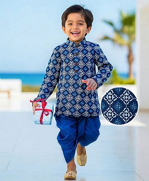 Babyhug Cotton Woven Full Sleeves Kurta Dhoti Set with Floral Print - Blue