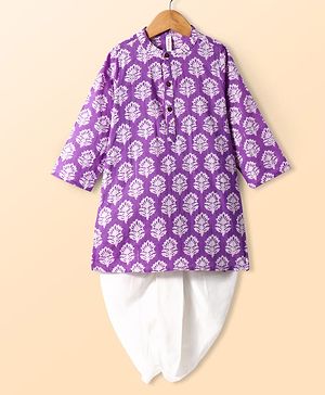Babyhug  Cotton Woven Full Sleeves Floral Printed  Kurta & Dhoti Set - Purple
