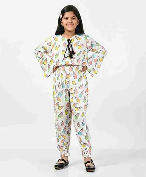 Bella Moda Full Bell Sleeves Ice Cream Printed Top With Coordinating Pant - White