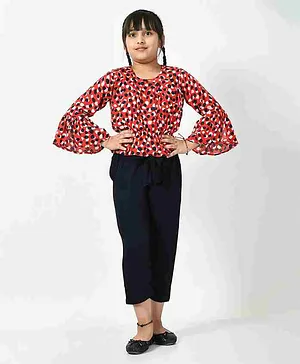 Bella Moda Full Sleeves Seamless Abstract Dots Printed Balloon Top With Pant - Red