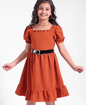 Hola Bonita Puffed Half Sleeves One Piece Dress In Texture Fabric - Orange