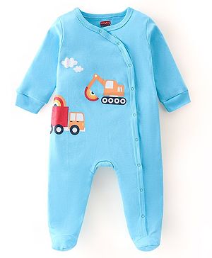 Babyhug Cotton Knit Full Sleeves JCB Printed Footed Sleep Suit - Blue