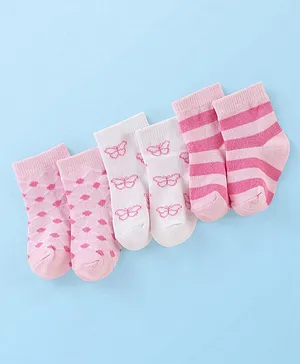 Doodle Poodle 100% Cotton Rich Ankle Length Butterfly Design Socks Pack of 3- White & Pink
