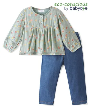 Babyoye Woven Full Sleeves Floral Printed T-Shirt with Cotton Elastane Solid Colour Jeans - Blue