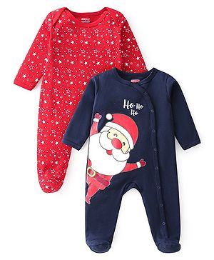 Babyhug Cotton Knit Full Sleeves Footed Sleep Suit Star & Santa Clause Print Pack of 2 - Red & Navy Blue