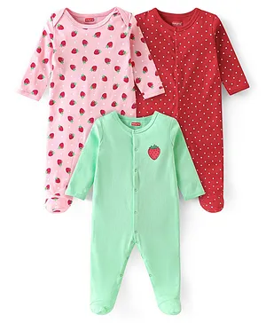 Babyhug Cotton Knit Full Sleeves Polka Dot & Strawberry Printed Sleep Suits Pack of 3 - Green Pink & Red