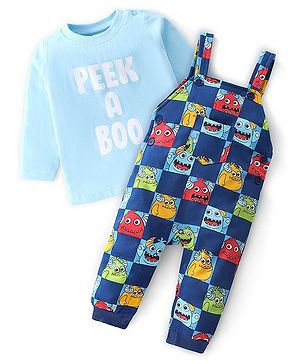 Babyhug 100% Cotton Monster Printed Dungaree With Pocket & Full Sleeves Inner Tee with Shoulder Snap Buttons - Blue & Navy Blue