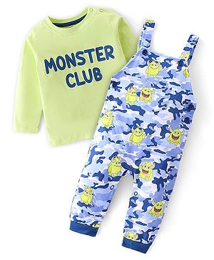 Babyhug 100% Coton Monster Print Dungaree With Front Pocket & Full Sleeves Inner Tee With Shoulder Snap Buttons - Light Green
